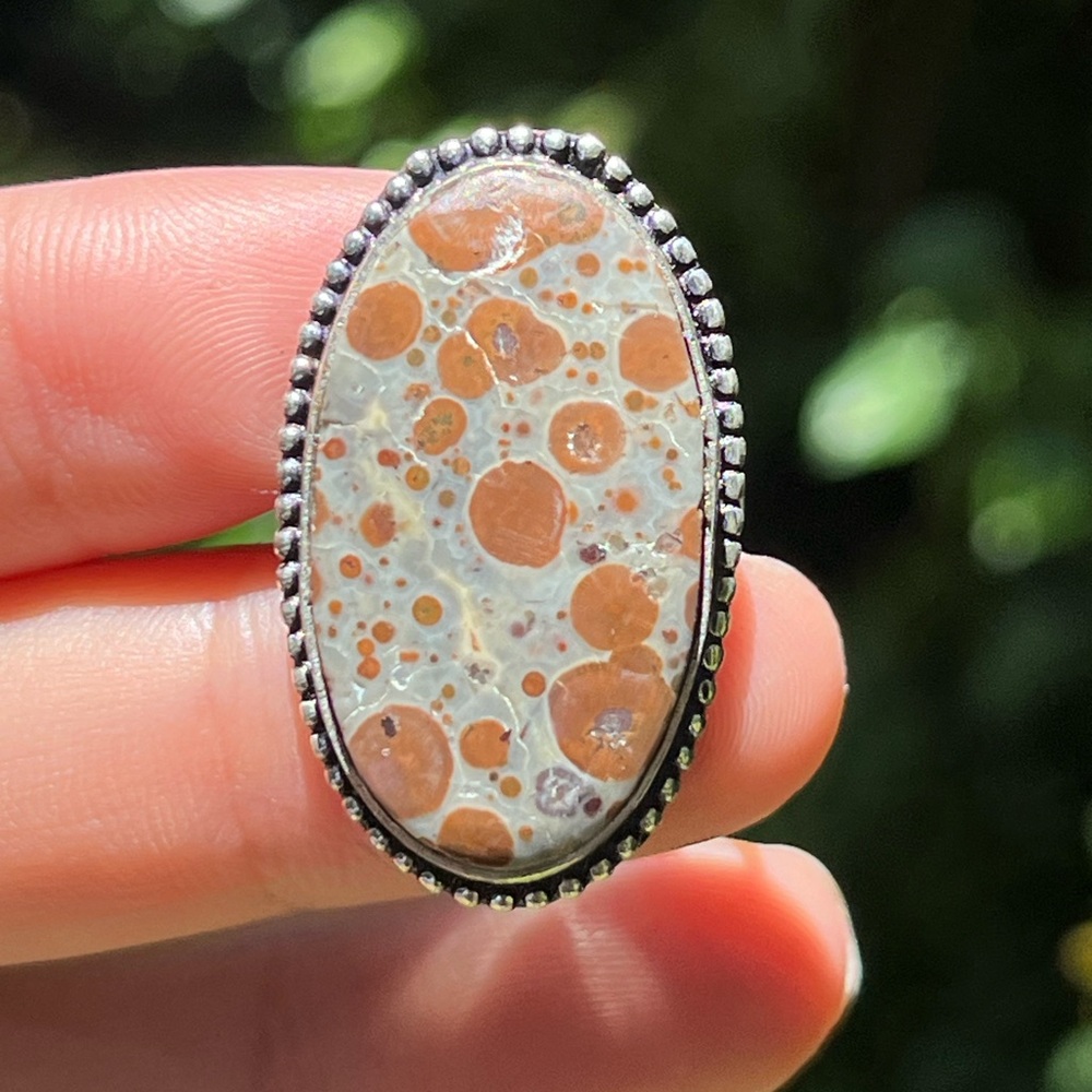 Size 7 925‎ silver plated leopard skin jasper ring